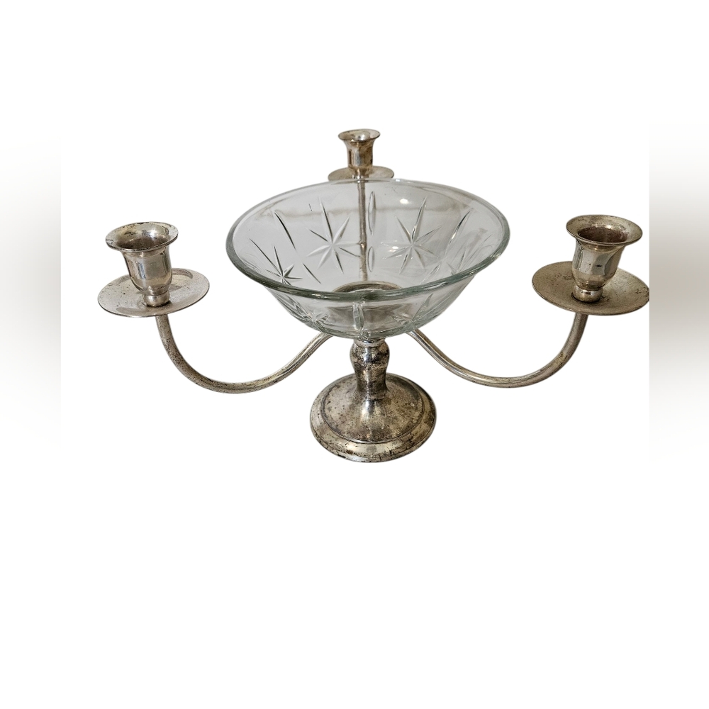 Elegant Silver Candelabra with Glass Bowl With Starburst Pattern.